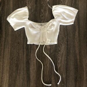 ZARA White Ribbed Ruched Crop Top with Puff Sleeves
